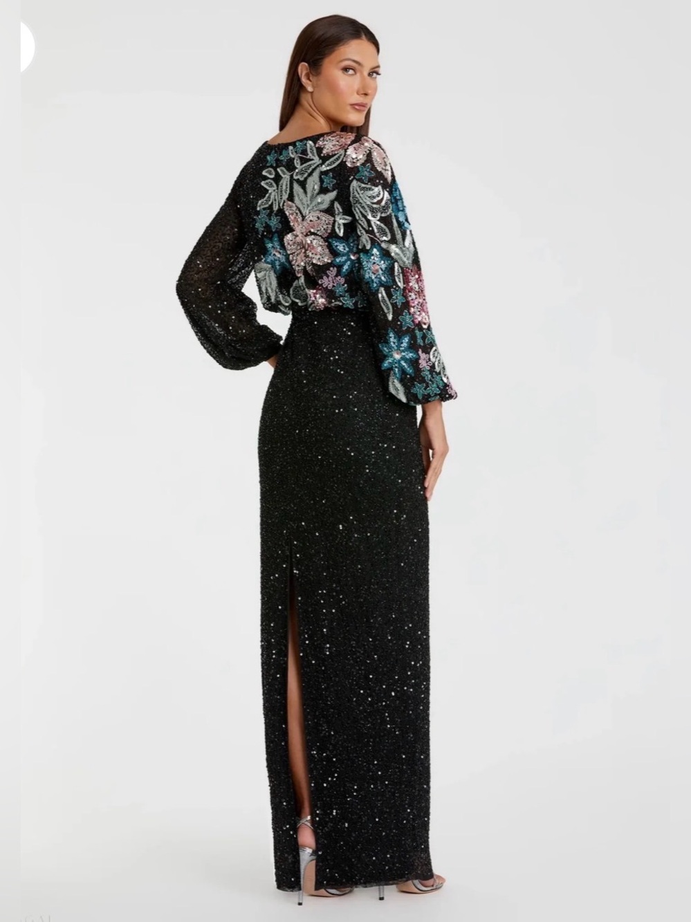 Mac Duggal Black High Neckline Long Sleeve Sequin Floral Maxi Gown Dress - Picture 2 of 6